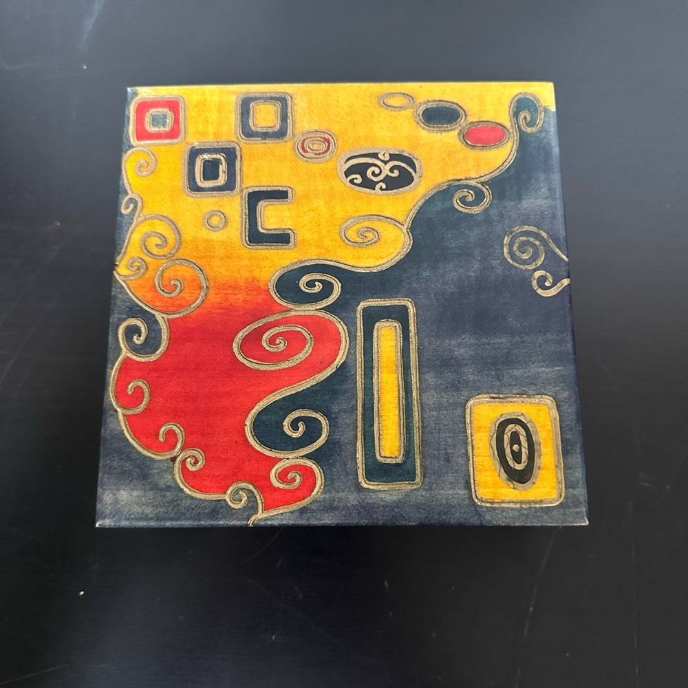 Abstract Wooden jewelry box with Red and Yellow Accents